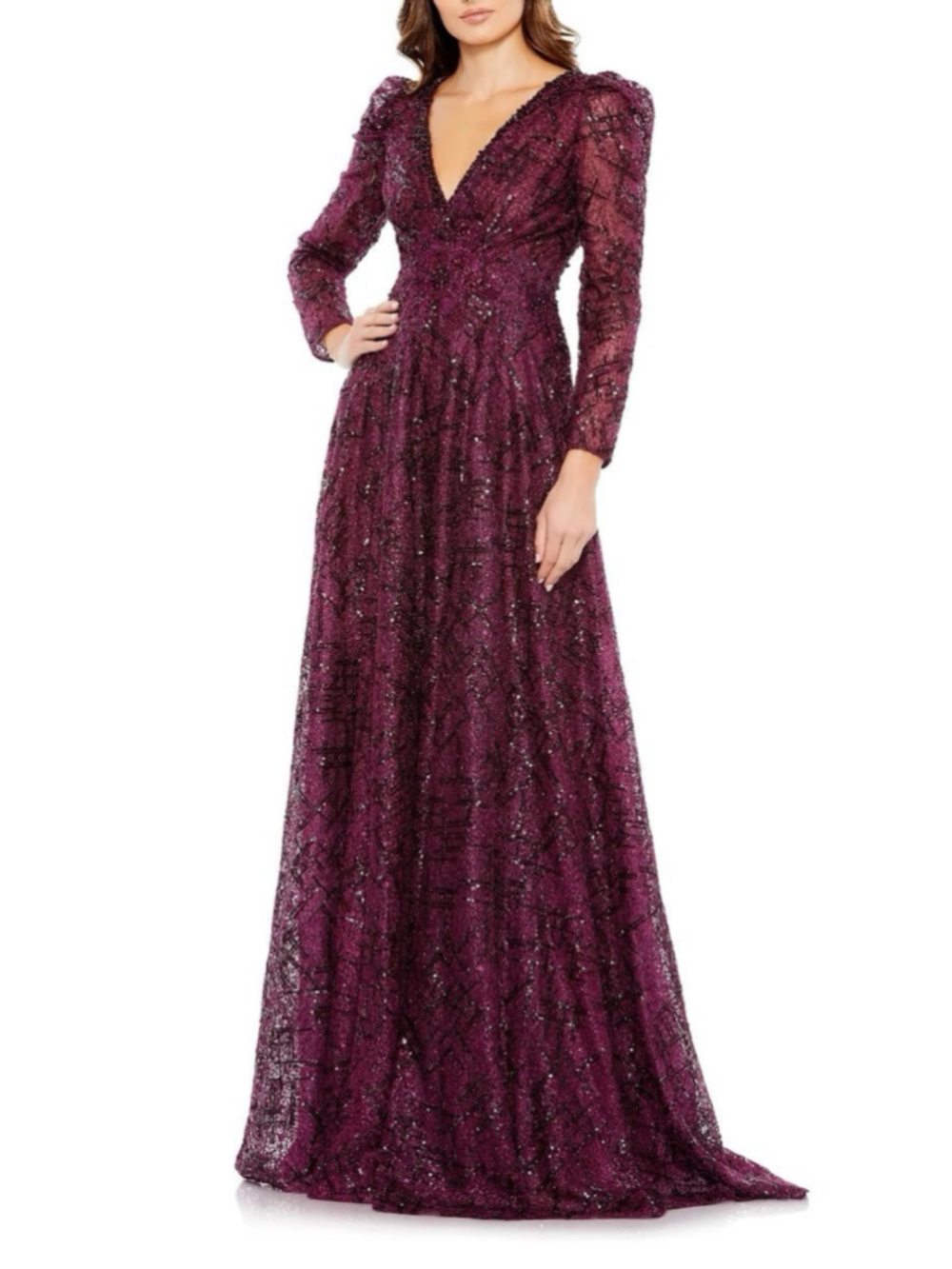 Mac Duggal Embellished V Neck Long Sleeve A Line Gown 20 Plum 20353 Formal Gala
